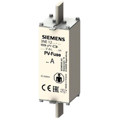 Een Siemens PV-zekering met opschrift '3NE 12', 'gPV', 'V d.c.', '.. A'. Symbolen voor CE, EAC en andere certificeringen zijn zichtbaar.
