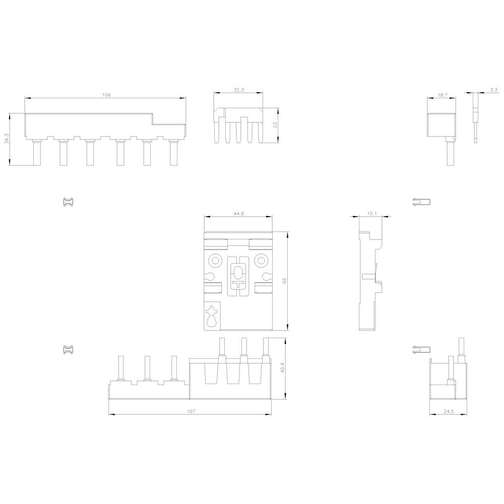 SCH-1.25 Stekkerschema met zeven penposities; afmetingen en technische details; vooraanzicht, zijaanzicht en doorsnede weergegeven.