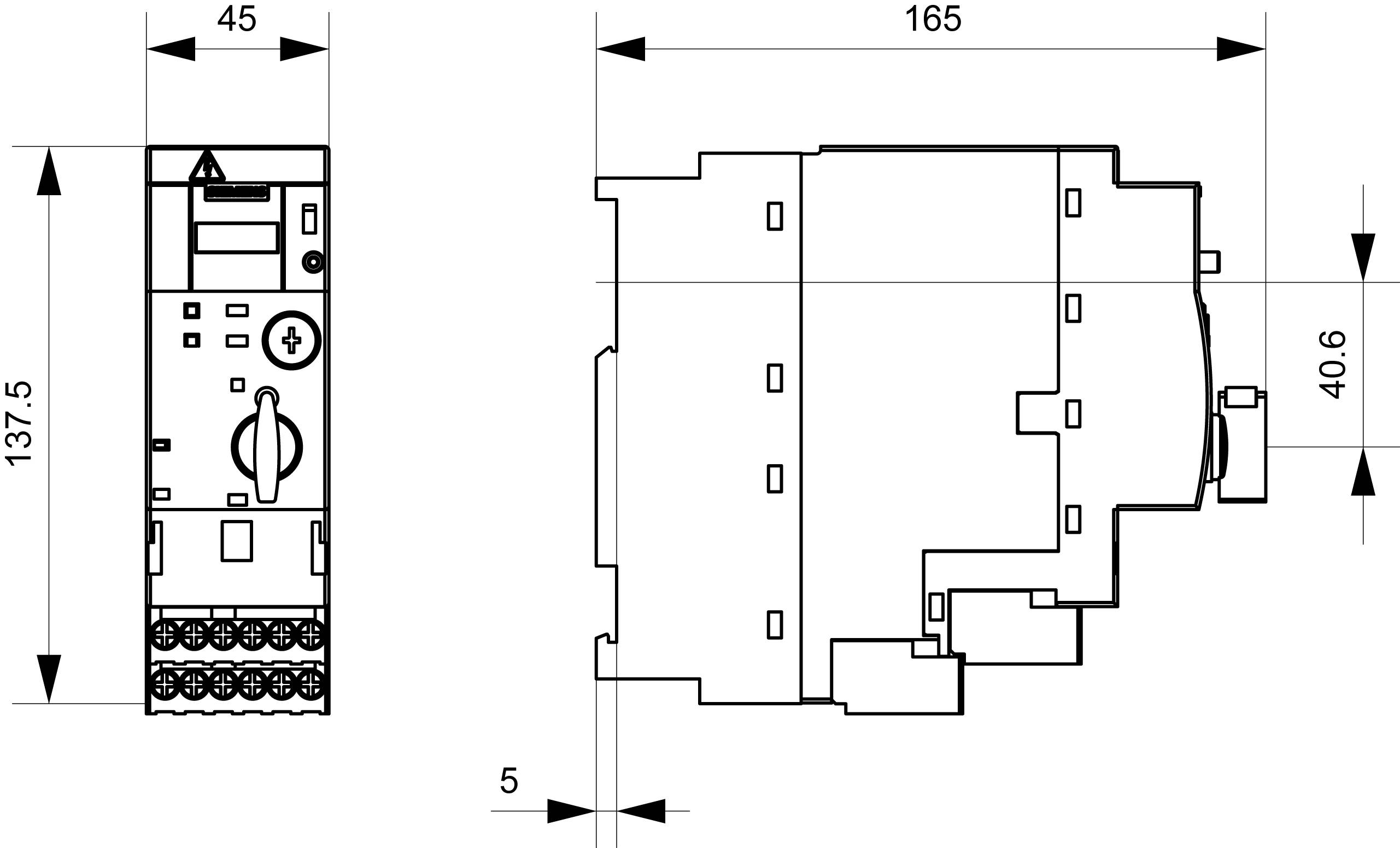 Technische tekening van een elektronisch apparaat met afmetingen: 45 mm breedte, 137,5 mm hoogte, 165 mm diepte, 40,6 mm zijdelingse breedte.