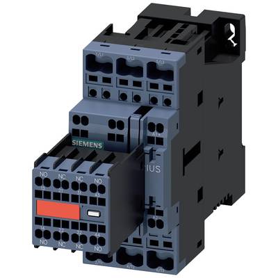 Een elektrische magneetschakelaar van Siemens, model Sirius 3RT, in zwart en blauw, toont aansluitingen en bedieningselementen.