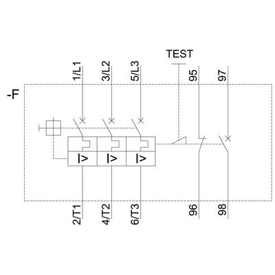 'Schakelschema toont elektrische verbindingen en componenten met markeringen voor L1, L2, L3, T1, T2, T3 en TEST.'
