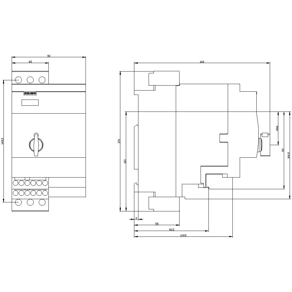Technische tekening van een elektrisch apparaat met voor- en zijaanzicht, gedetailleerde afmetingen en bedradingsschema zichtbaar.