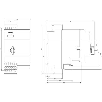 Technische tekening van een elektrisch apparaat met voor- en zijaanzicht, gedetailleerde afmetingen en bedradingsschema zichtbaar.