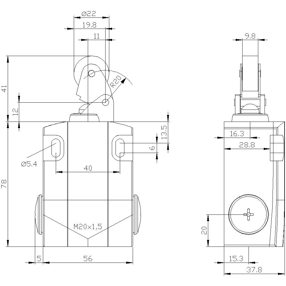 Technische tekening van een mechanisch onderdeel met gedetailleerde afmetingen, inclusief diameter, lengte en schroefdraadspecificaties.