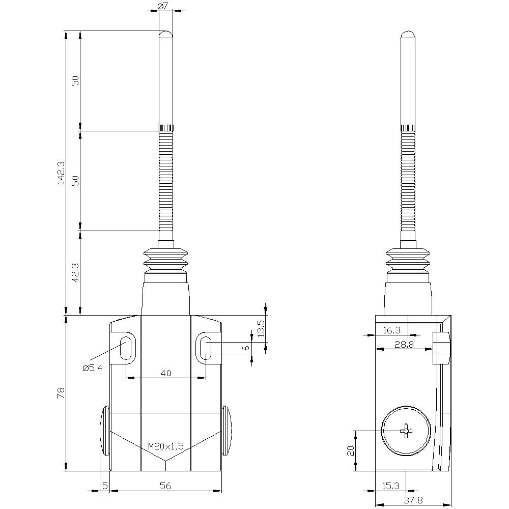 Technische tekening van een cilinder met afmetingen in millimeters: hoogte 133, breedte 56, M20-schroefdraad; verschillende aanzichten.