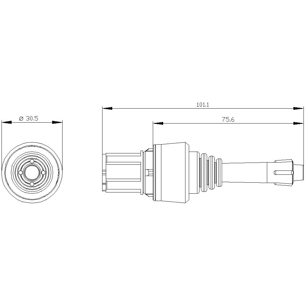 Technische tekening van een as met afmetingen: 101,1 mm lengte, 30,5 mm diameter, 75,6 mm afstand tussen verbindingsstukken.