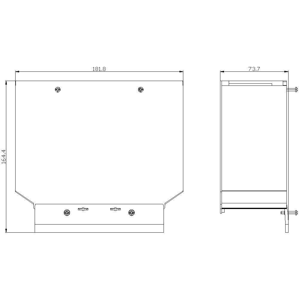 Technische tekening van een rechthoekig object met afmetingen: breedte 181,6 mm, hoogte 164,4 mm en diepte 73,7 mm.