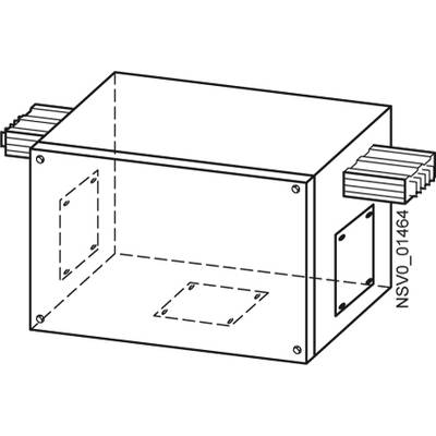 Technische tekening van een rechthoekige behuizing met kabelgoten aan beide zijden en gemarkeerde bevestigingspunten.