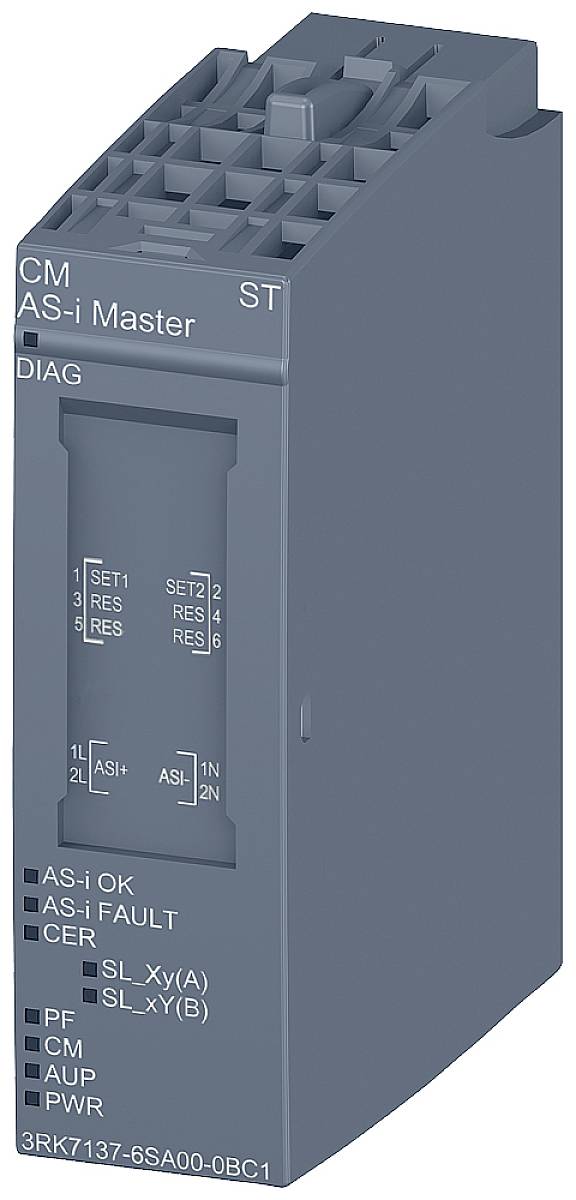 Een grijs industrieel besturingsmodule met het opschrift 'CM AS-i Master'. Toont diagnose-LED's en aansluitpunten.
