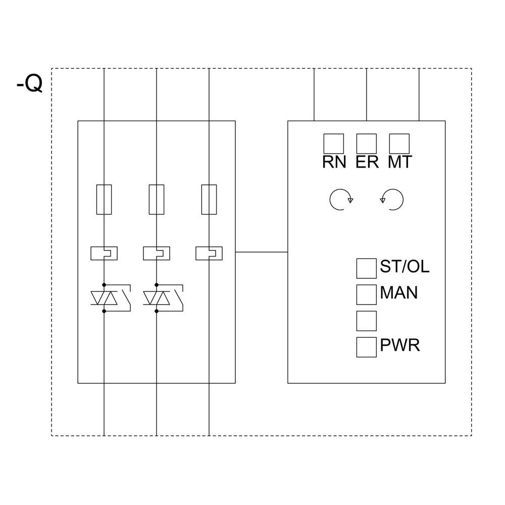 Principeschema met een kast links die drie schakelaars bevat voor twee lampen, en een kast rechts met displays voor RN, ER, MT en toetsen voor ST/OL, MAN, PWR.