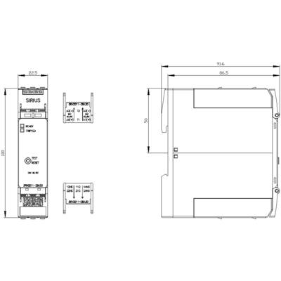 Technische tekening van een elektrisch onderdeel met afmetingen. Links zijn frontaal details zichtbaar, rechts zijaanzicht.