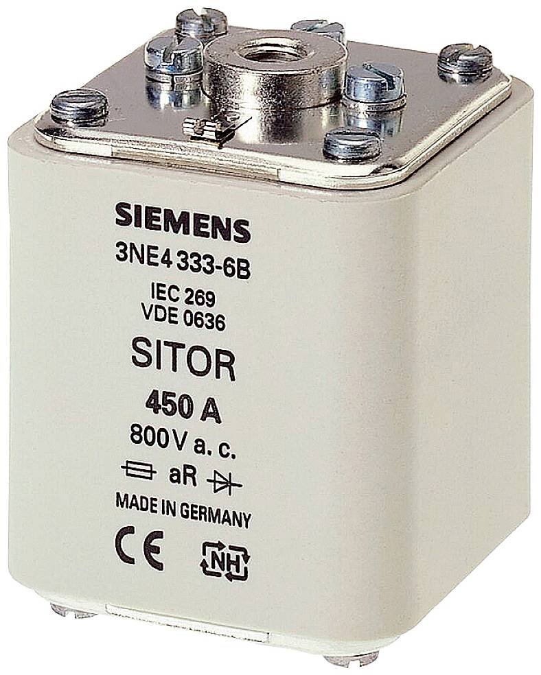 Zekeringsinzet van Siemens met modelnummer 3NE4 333-6B. Specificaties: 450 A, 800 V a.c., gefabriceerd in Duitsland.