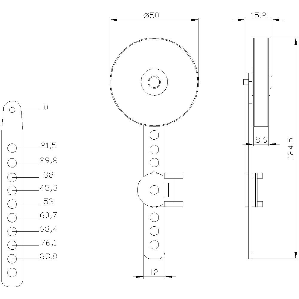 Technische tekening van een mechaniek met een ronde schijf bovenaan, weergegeven vanaf de zijkant. Maten en afstanden zijn aangegeven in millimeters.