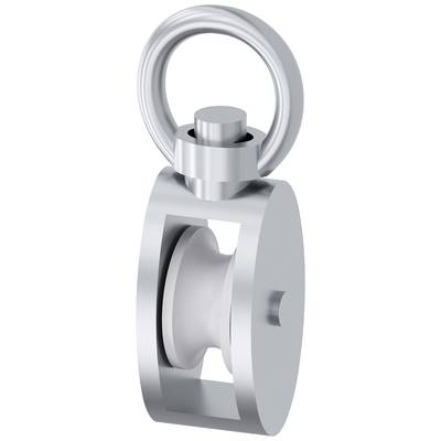 Een zilveren metalen stuk, bestaande uit een ring bovenaan, verbonden met een cilindrisch lichaam dat een riemschijf bevat.