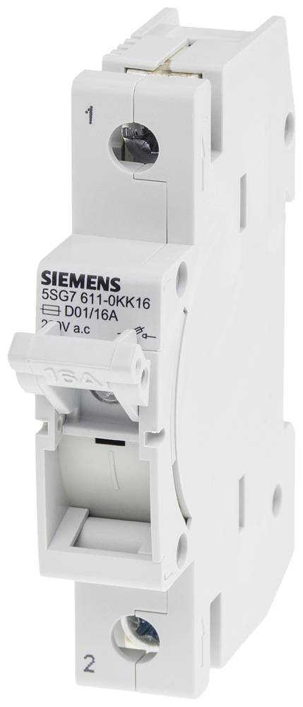 'Siemens installatieautomaat, 16A, 1-polig, geschikt voor beveiliging in elektrische kringen, witte kunststof behuizing.'