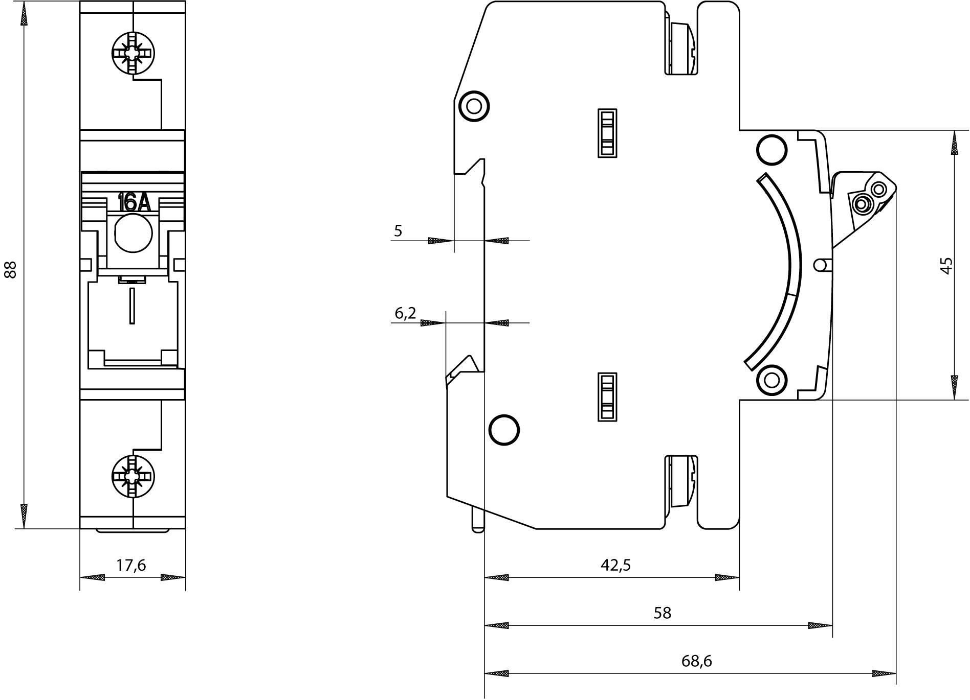 Technische tekening van een 16A-beveiligingsschakelaar met afmetingen: hoogte 88 mm, breedte 17,6 mm, diepte 68,6 mm.