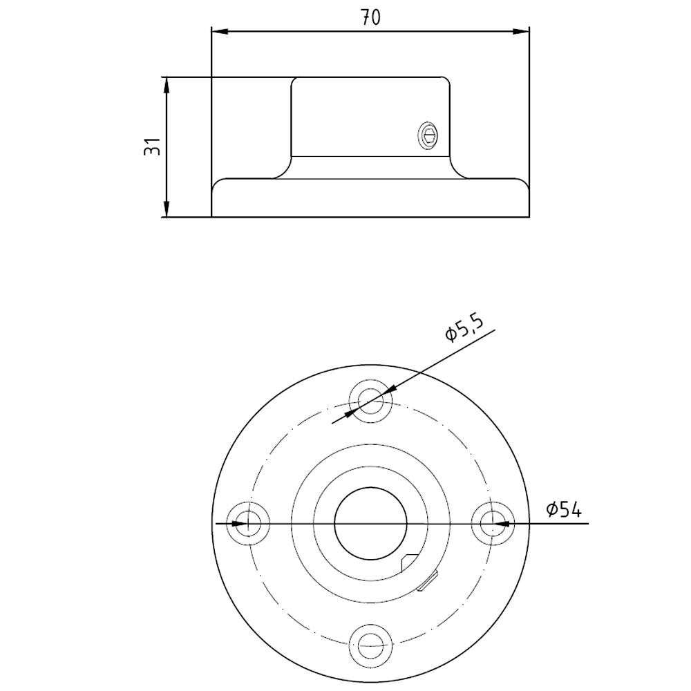 Technische tekening van een rond onderdeel met afmetingen: 70 mm breedte, 31 mm hoogte, twee schroefgaten met 5,5 mm diameter.