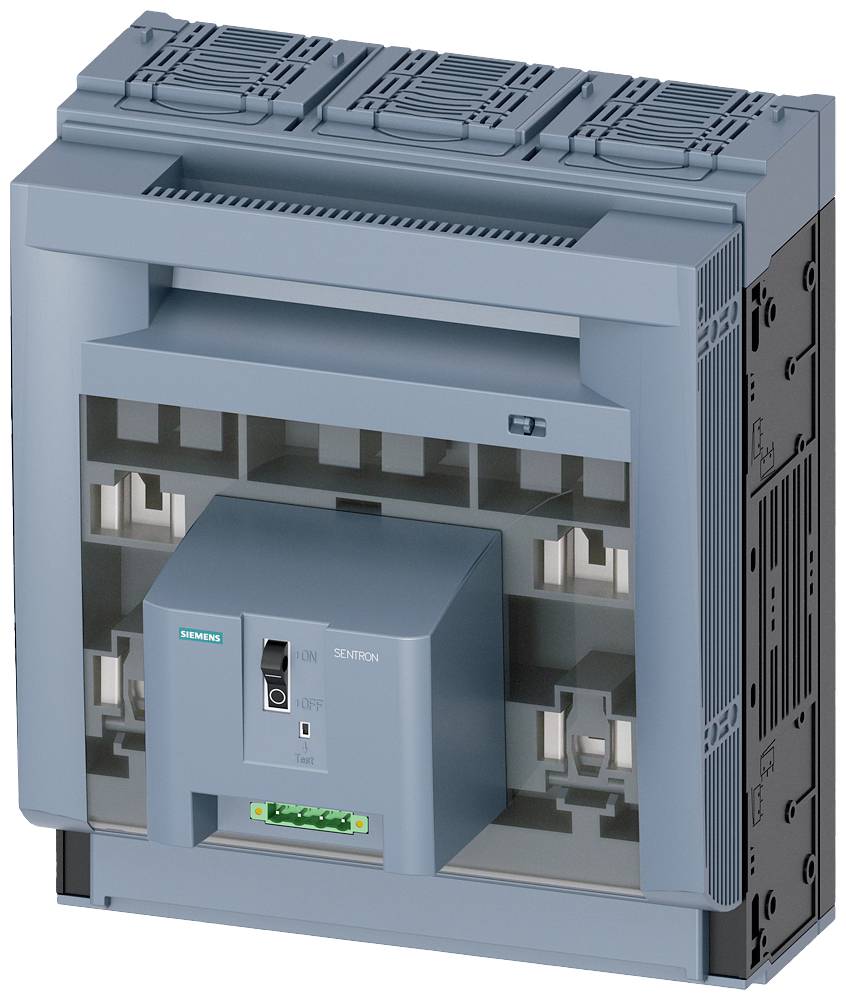 Grote grijze vermogensschakelaar in industriële omgeving, toont "AAN" en "UIT" schakelpositie, geschikt voor elektrische schakelkasten.