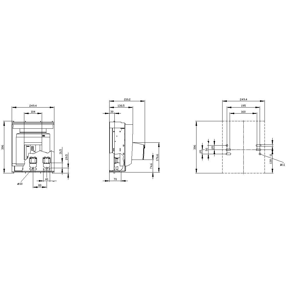 'Technische tekening van een apparaat met vooraanzicht, zijaanzicht en bovenaanzicht. Bevat gedetailleerde afmetingen en constructielijnen.'
