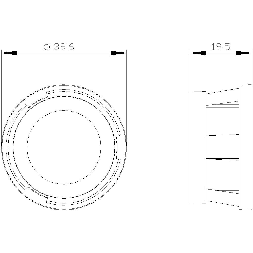 Technische tekening van een cilindrische vervangingskap. Diameter 39,6 mm, hoogte 19,5 mm. Zijaanzicht toont versterkingen.