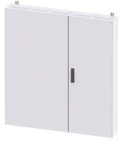 Een witte, metalen kast met twee deuren en een zwarte handgreep in het midden, gemonteerd aan een muur.