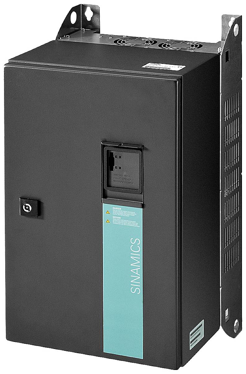'SIEMENS SINAMICS schakelkastmodule', een invertor in een zwarte behuizing, wordt verticaal gemonteerd en heeft een greep aan de deurzijde.