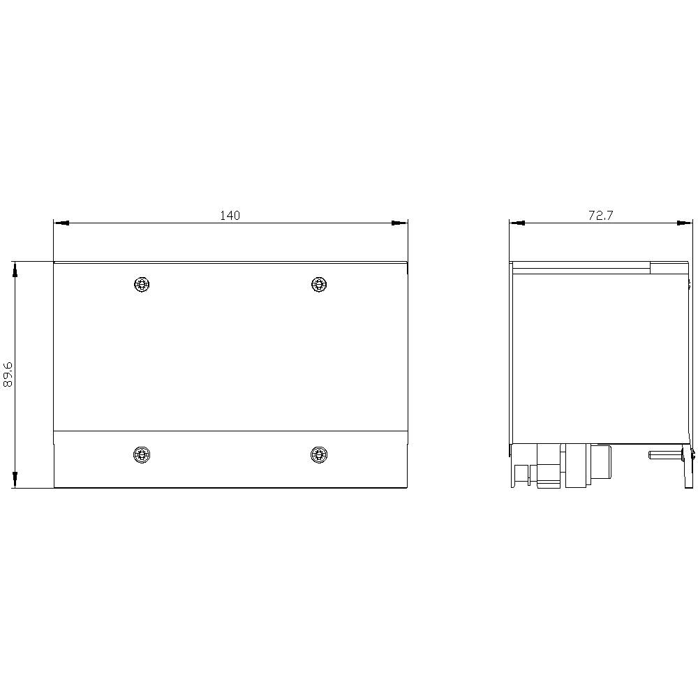 Technische tekening van een rechthoekig apparaat met afmetingen: breedte 140 mm, hoogte 83,6 mm, diepte 72,7 mm. Bovenaanzicht en zijaanzicht.