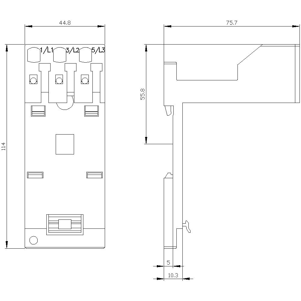 Technische tekening van een onderdeel met twee aanzichten. Afmetingen: 114 x 44,8 mm en 75,7 x 55,8 mm. Details van aansluitingen L1, L2, L3.