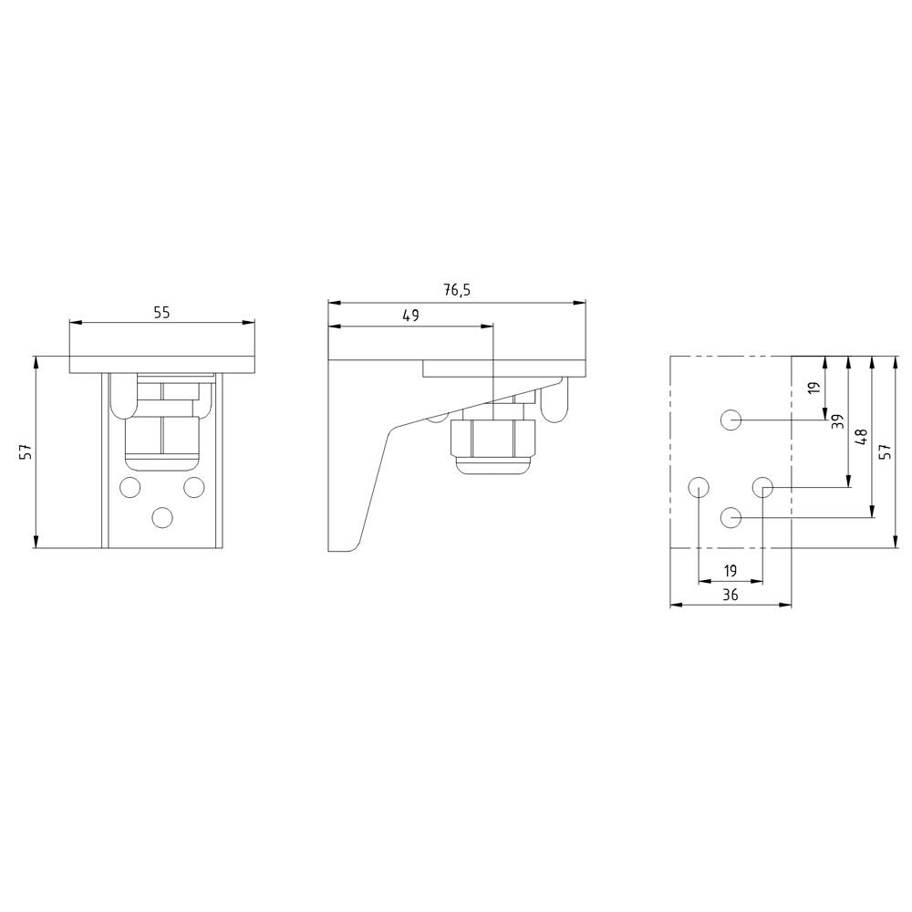 Technische tekening van een hoekelement met afmetingen: breedte 55 mm, hoogte 57 mm, diepte 76,5 mm, en overige boorgat posities.