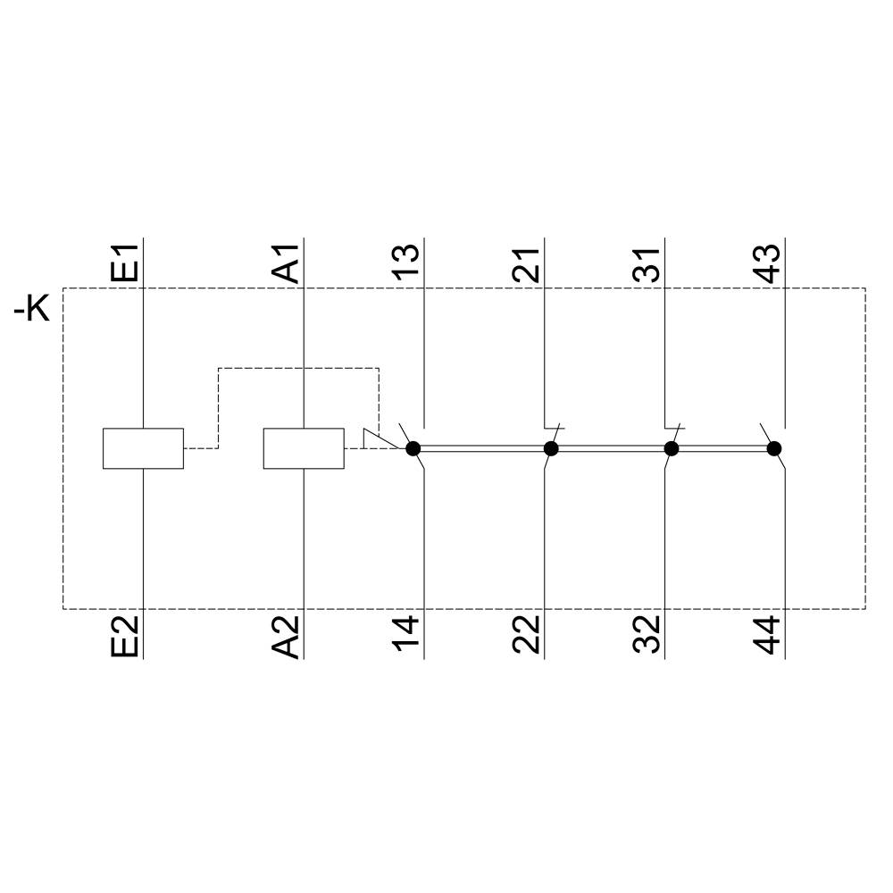 'Schakelschema met knooppunten 1 tot 4 en verbindingen van E1 naar E2, A1 naar A2, evenals 13 tot 14, 21 tot 22, 31 tot 32, 43 tot 44.'