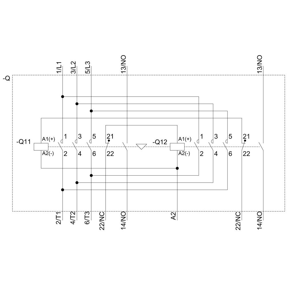 Schakelschema met twee relais. Toont verbindingen tussen aansluitingen 1L1, 3L2, 5L3, en uitgangen -Q11, -Q12. 22/NC en 14/NO gemarkeerd.