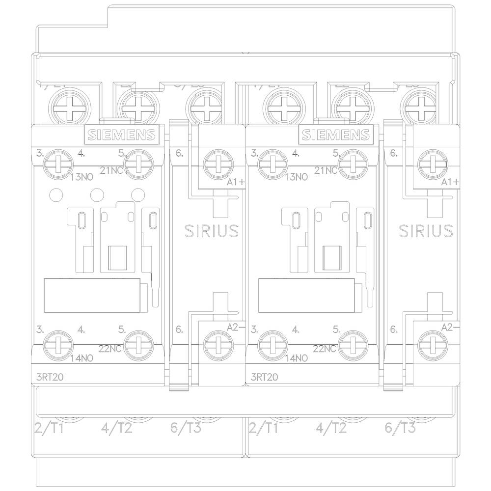 Schakelschema van een drievoudig elektrisch schakelmodule 'Siemens Sirius', toont bedrading en aansluitklemmen.