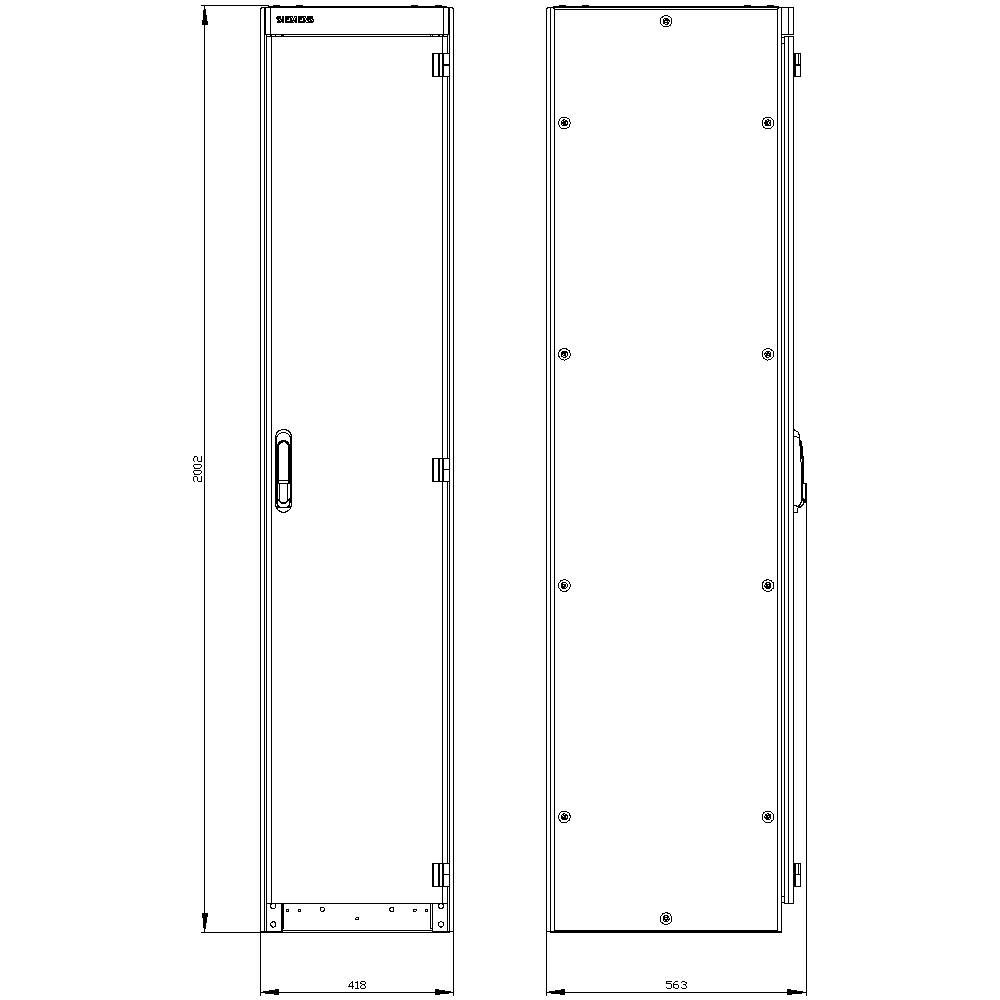 'Technische tekening van een hoge, smalle kast met voor- en zijaanzicht. Afmetingen: 2626 mm (hoogte), 489 mm (breedte vooraan), 563 mm (breedte aan de zijkant).'