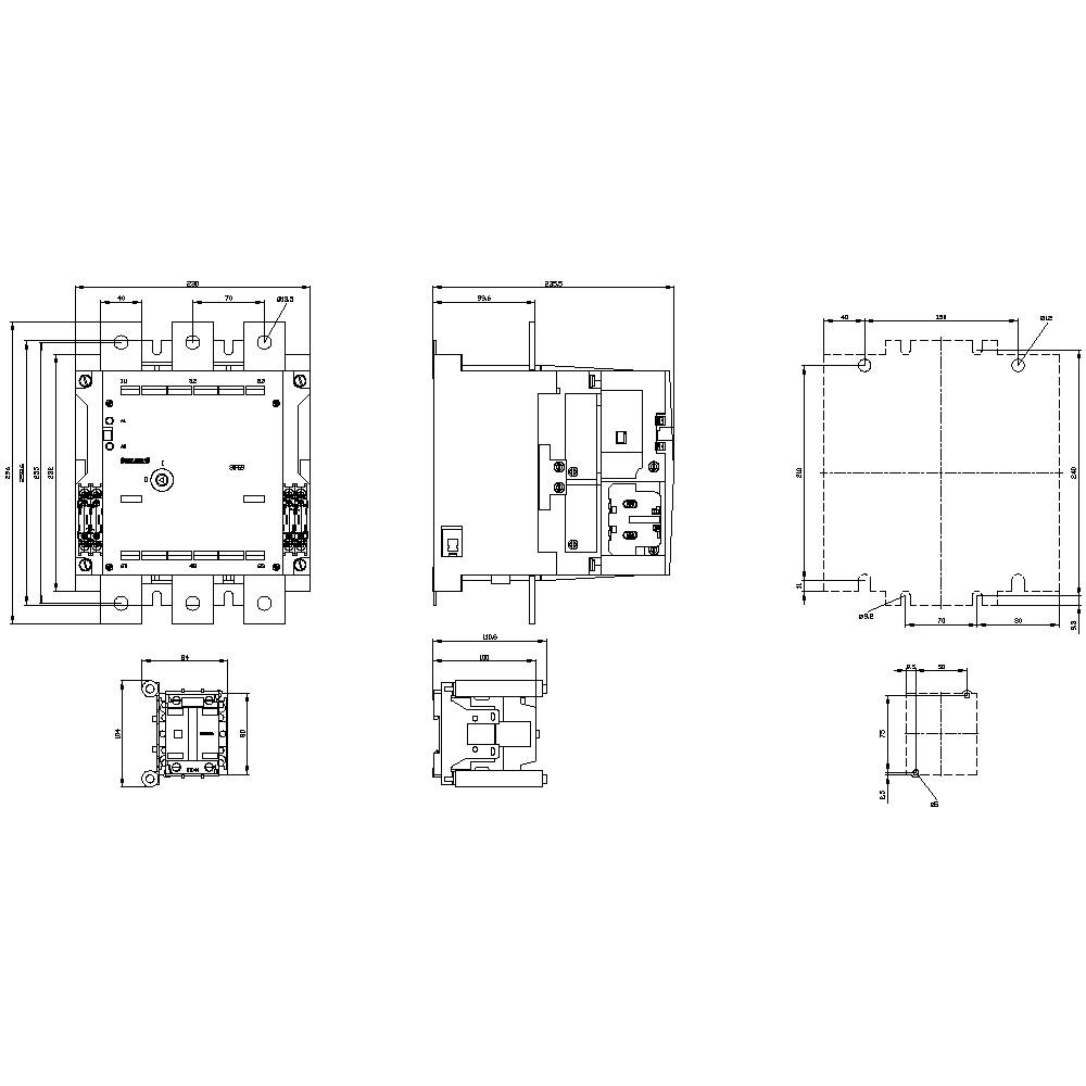 Technische tekening van een elektrische schakelaar met meerdere aanzichten, inclusief voor-, zij- en bovenaanzicht, met maatvoering.