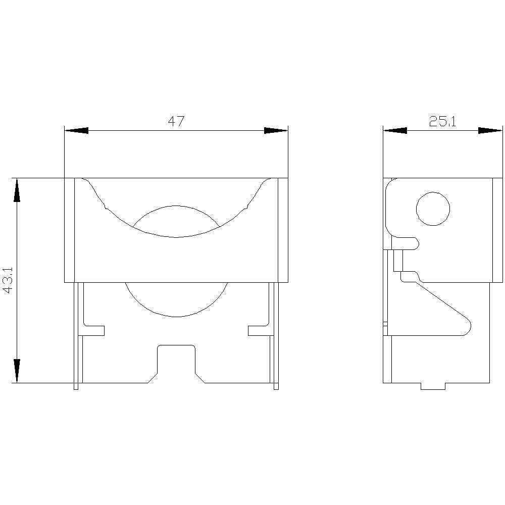 Technische tekening van een onderdeel met twee aanzichten. Afmetingen: breedte 47 mm, hoogte 43,1 mm, diepte 25,1 mm.