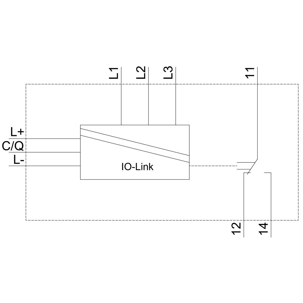 Bedradingsschema van een IO-Link-aansluiting met drie ingangen (L1, L2, L3), een C/Q-uitgang en aansluitingen voor Plus (L+) en Min (L-).