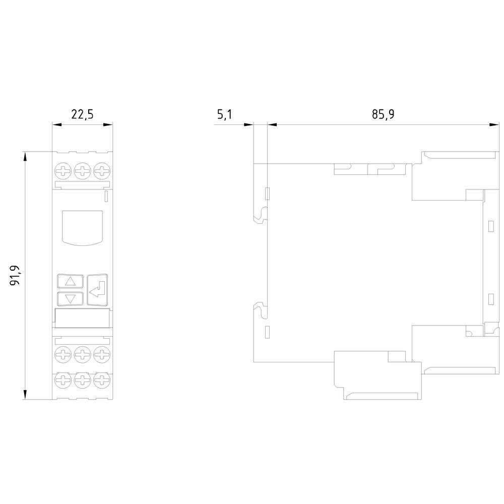 Technische tekening van een elektrische schakelaar in bovenaanzicht en zijaanzicht met afmetingen 22,5 x 85,9 x 91,6 mm.