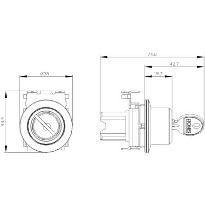 Technische tekening van een ronde sleutelschakelaar met afmetingen: diameter 38 mm, breedte 74,8 mm, hoogte 42,7 mm.