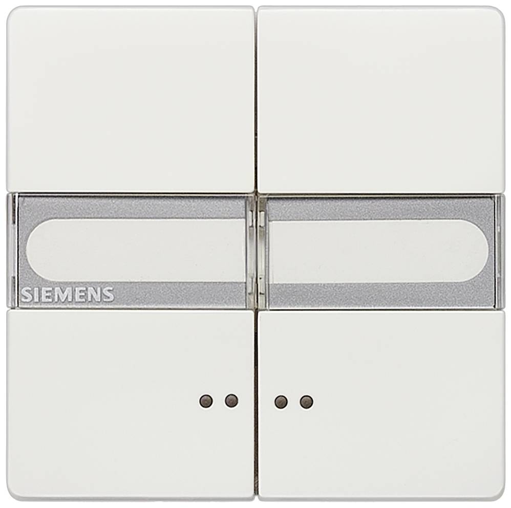 Viervoudige wandschakelaar in het wit met Siemens-logo, twee toetsen bovenaan en twee onderaan, geschikt voor verschillende elektrische toepassingen.