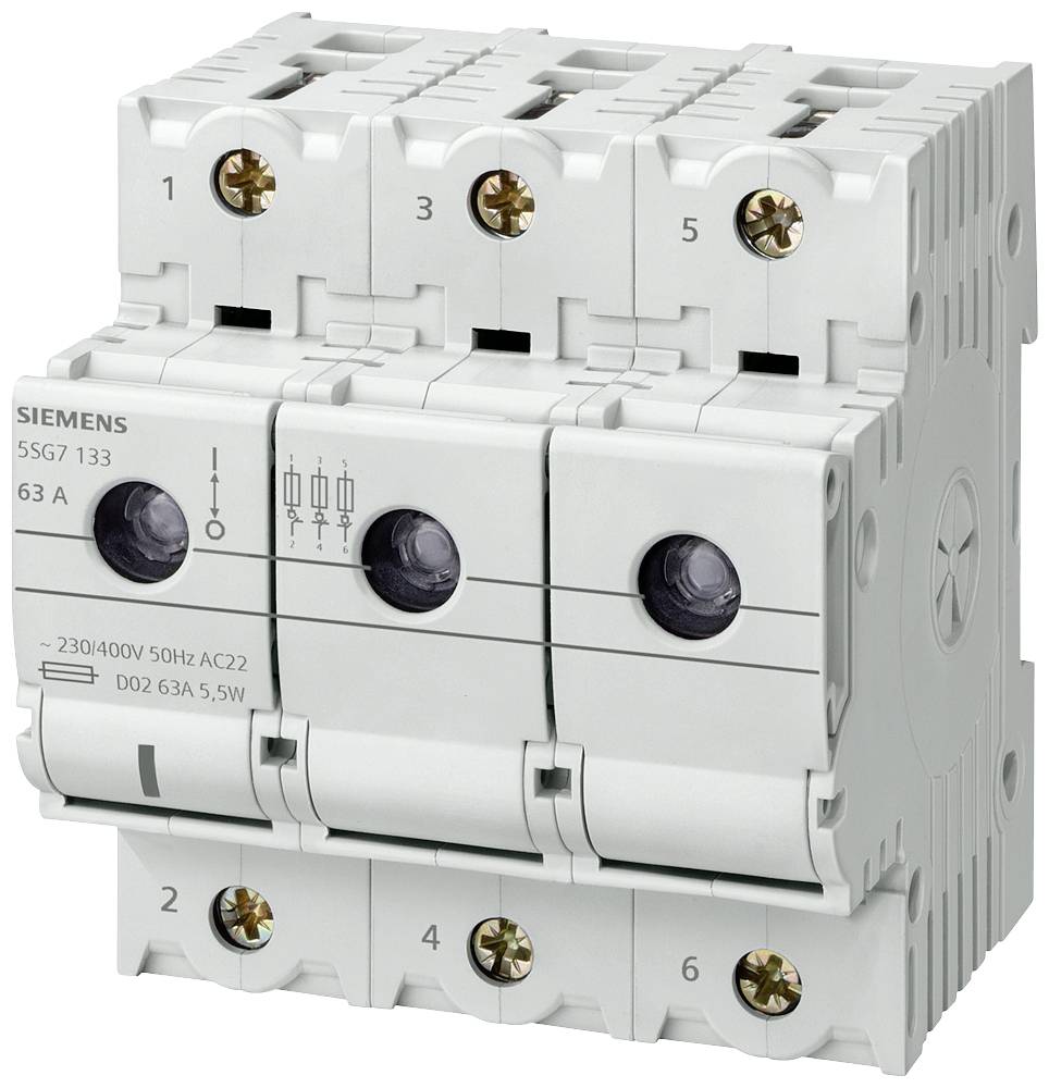 Een elektrische zekeringschakelaar met zes aansluitingen en opschrift: 'Siemens 5SG7 133, 63A, 230/400V'.
