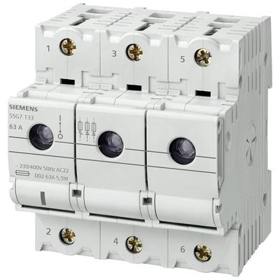 Een elektrische zekeringschakelaar met zes aansluitingen en opschrift: 'Siemens 5SG7 133, 63A, 230/400V'.
