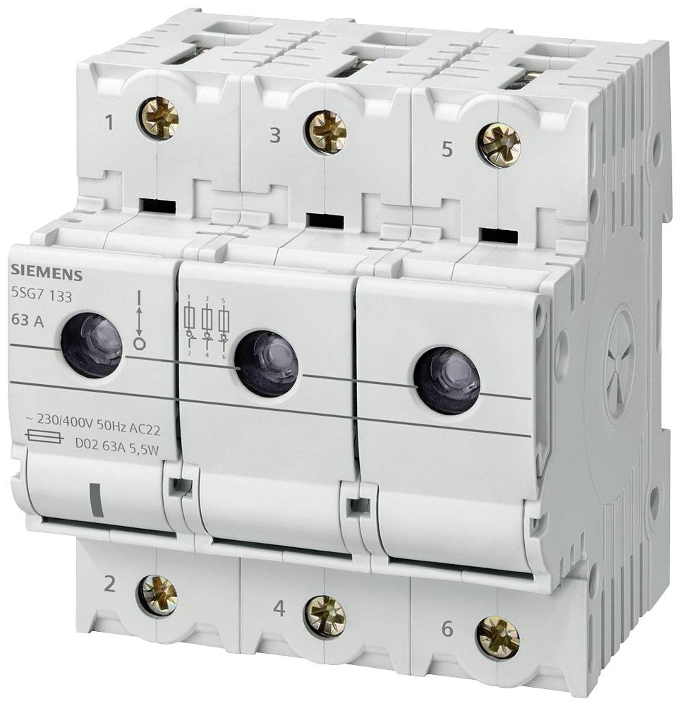 Een driepolige vermogensautomaat van Siemens, model 5SG7 133, voor 230/400V, 63A, gebruikt voor stroomkringbeveiliging.