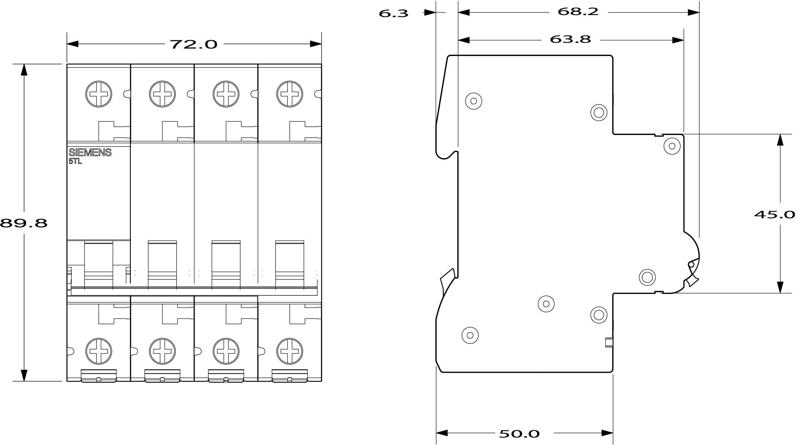 Tekening van een vierpolige vermogensschakelaar met technische afmetingen: breedte 72 mm, hoogte 89,8 mm. Zijaanzicht toont diepte.