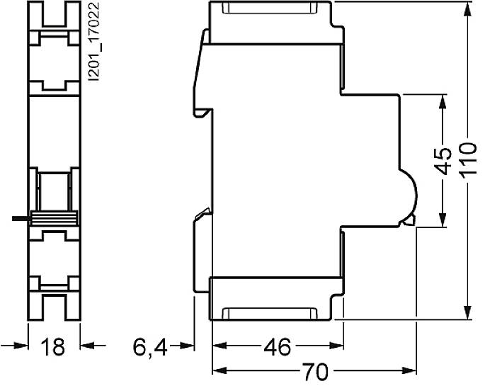 Technische tekening van een behuizing met afmetingen: hoogte 110 mm, breedte 70 mm, diepte 18 mm. Toont details van de structuur en verbindingen.