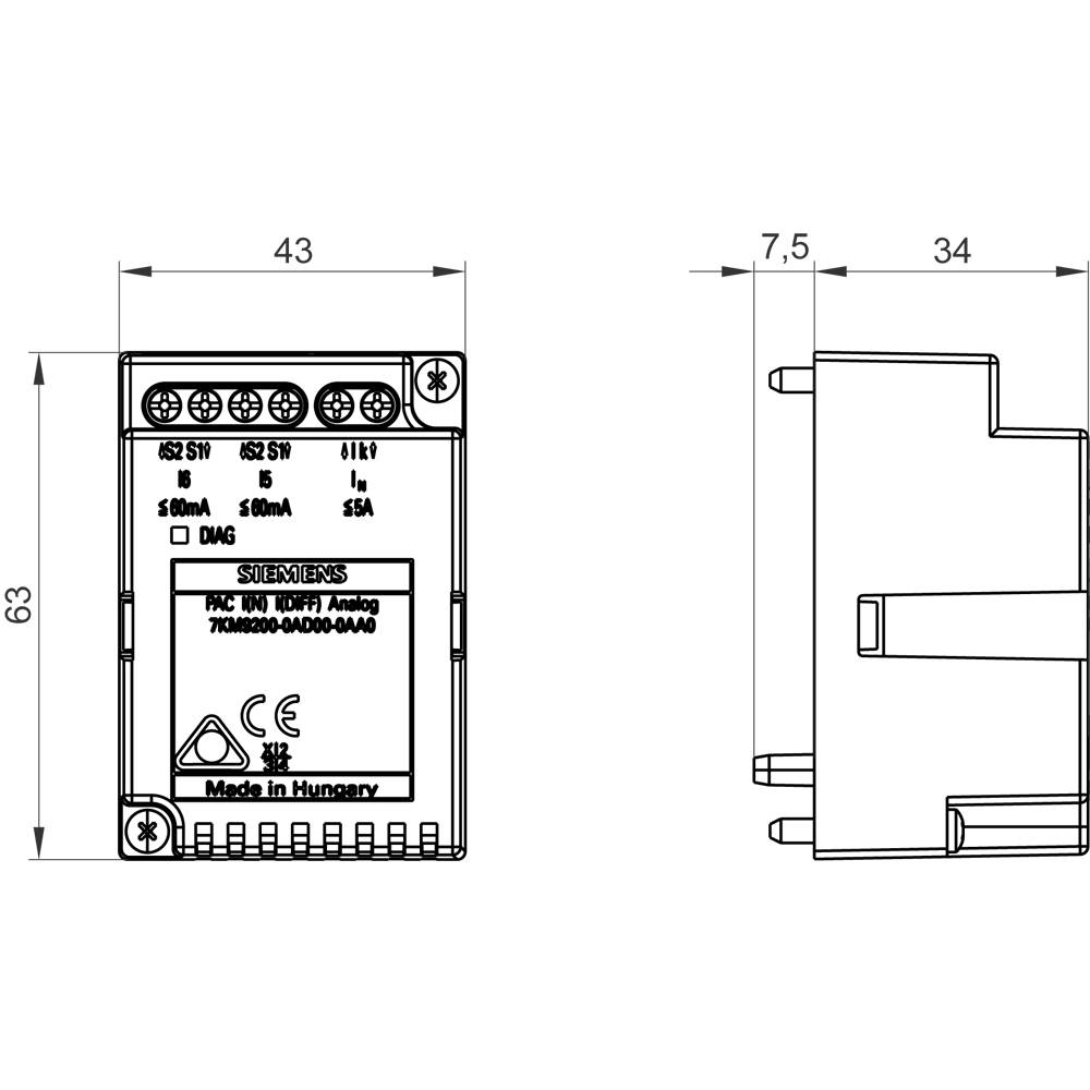 Technische tekening van een elektronisch apparaat met afmetingen: 63 mm hoog, 43 mm breed, 34 mm diep. Merknaam: Made in Hungary.