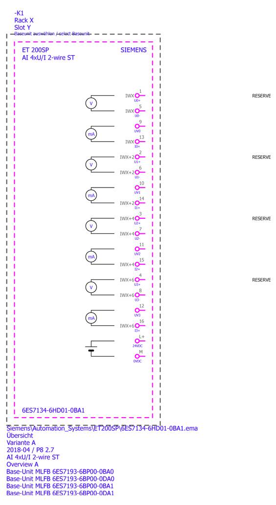 'ET 200SP AI 4xU/I 2-wire ST' diagram toont een Siemens-module met 8 aansluitingen, gelabeld van 1 tot 8, en aan de rechterkant aangeduid als gereserveerd.