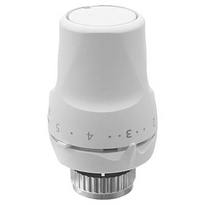 Een witte radiatorknop toont de temperatuurstanden 1 tot 5. Boven de draaiknop bevindt zich een witte kap.