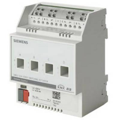 Een wit KNX-schakelapparaat met drie rechthoekige aansluitingen, een bedrijfslogo en technische informatie op de voorkant.