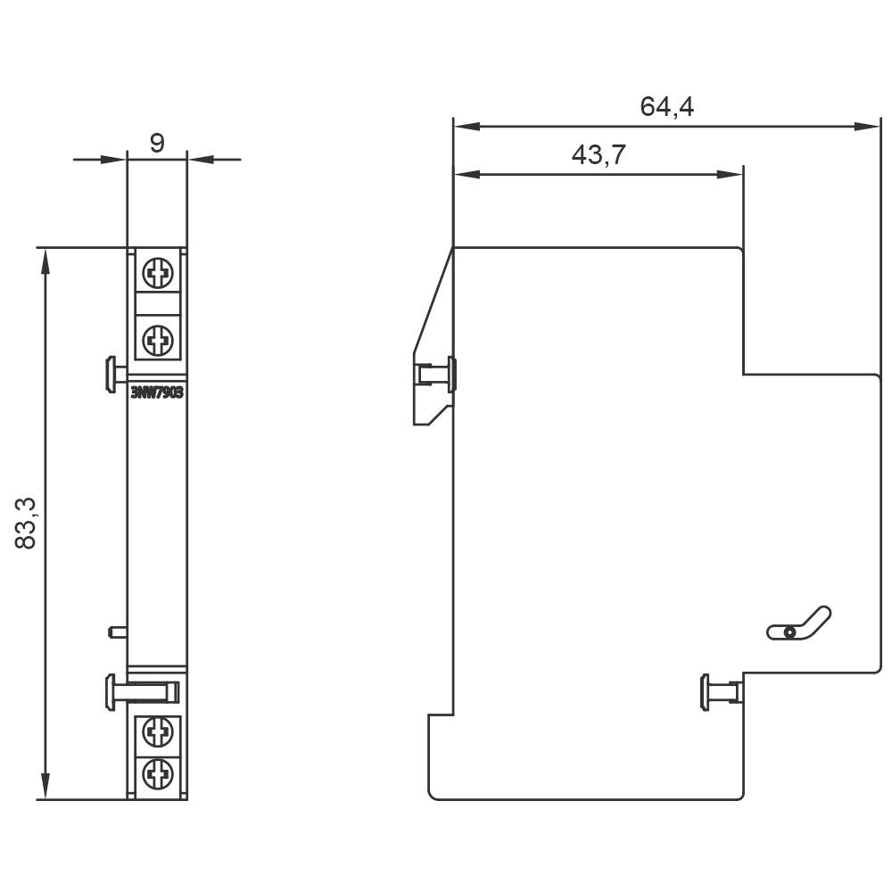 Technische tekening van een schakemodule met zij- en vooraanzicht. Afmetingen zijn 83,3 mm hoog, 9 mm breed, 64,4 mm diep.