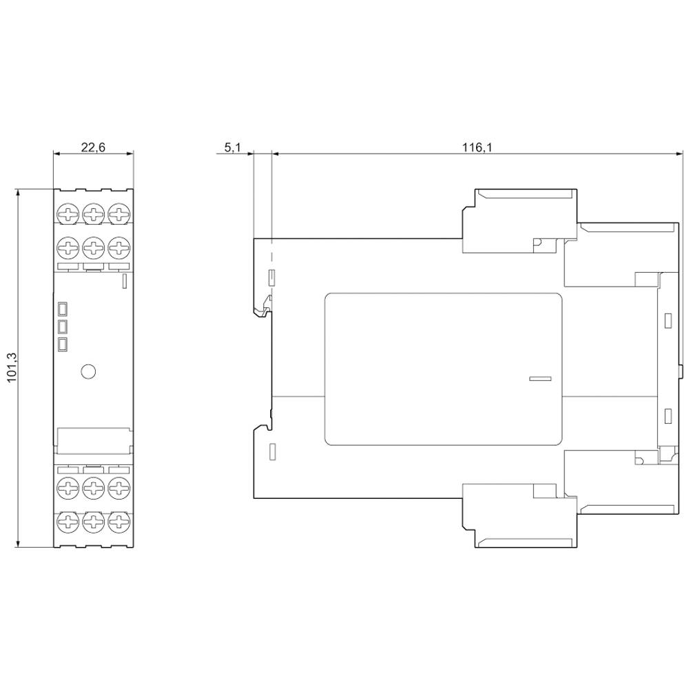 Technische tekening van een rechthoekig elektrisch module met afmetingen: breedte 22,6 mm, hoogte 101,3 mm, lengte 116,1 mm. Aansluitingen aan de zijkant.